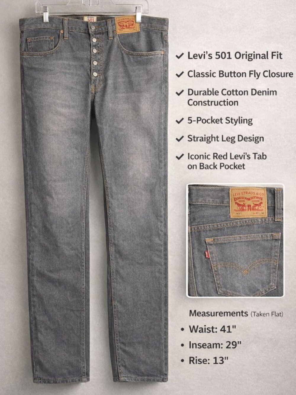 Levi's 501 Jeans Men's W40 L30 Gray Straight Leg Button Fly Denim Pants